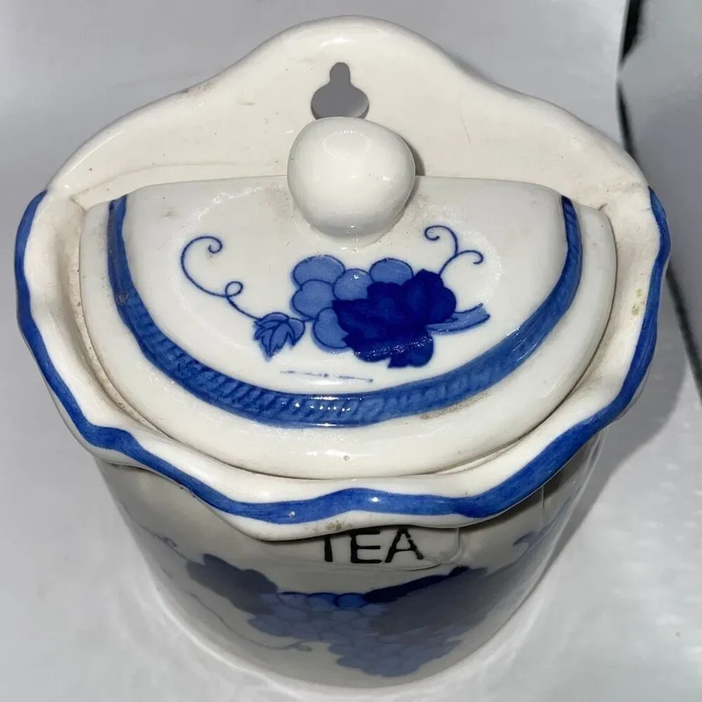 Vintage Tea Jar Hanging Wall Pocket Canister Blue White Ceramic Grape Hand Paint